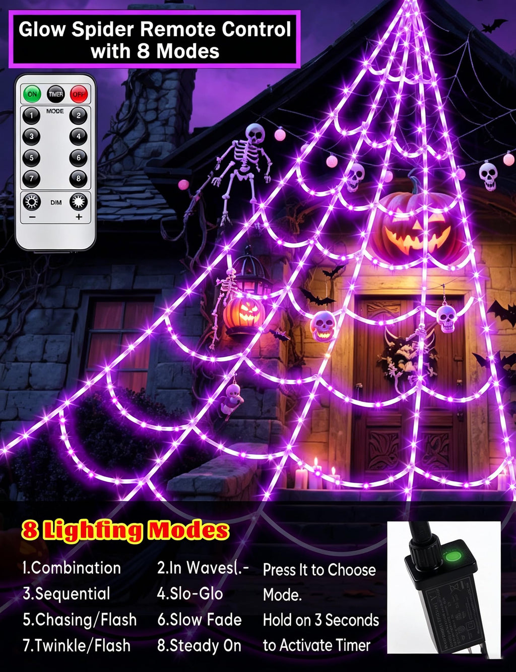 LCHUANG Spider Webs Halloween Decor Lights - 450 LEDs Outdoor Halloween String Lights with Light Up Spider,8 Modes Remote Control 16.4Ft Spiderweb,Waterproof (New Purple Grid Luminous Net)
