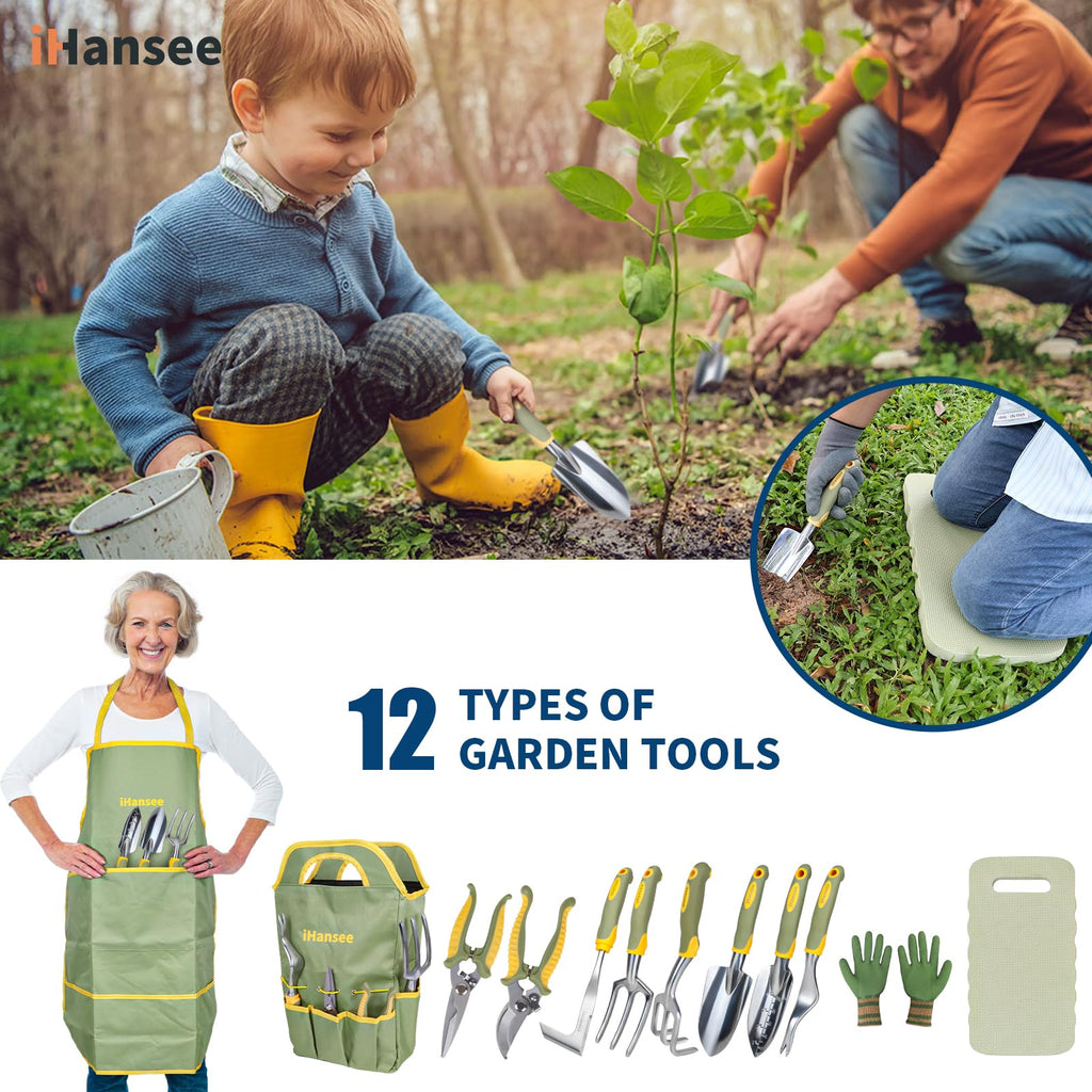 iHansee Green Garden Tools Set 12-Piece, Gardening Gifts for Women Men