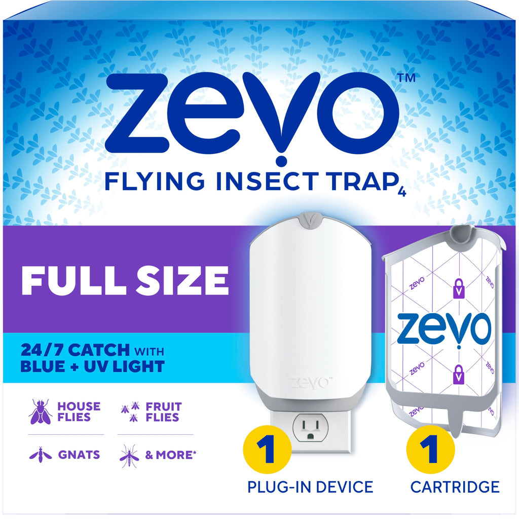 Zevo Flying Insect Trap - Plug-in Indoor Fly Trap and Bug Light Trap Refill with Blue and UV Light - No-Mess Cartridge for House Flies, Fruit Fly Trap and Gnats (1 Plug-in Base and 1 Cartridge)