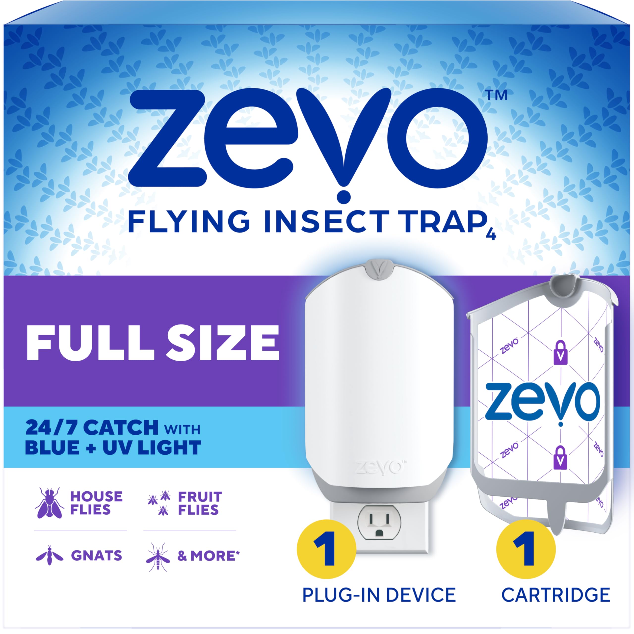 Zevo Flying Insect Trap - Plug-in Indoor Fly Trap and Bug Light Trap Refill with Blue and UV Light - No-Mess Cartridge for House Flies, Fruit Fly Trap and Gnats (1 Plug-in Base and 1 Cartridge)