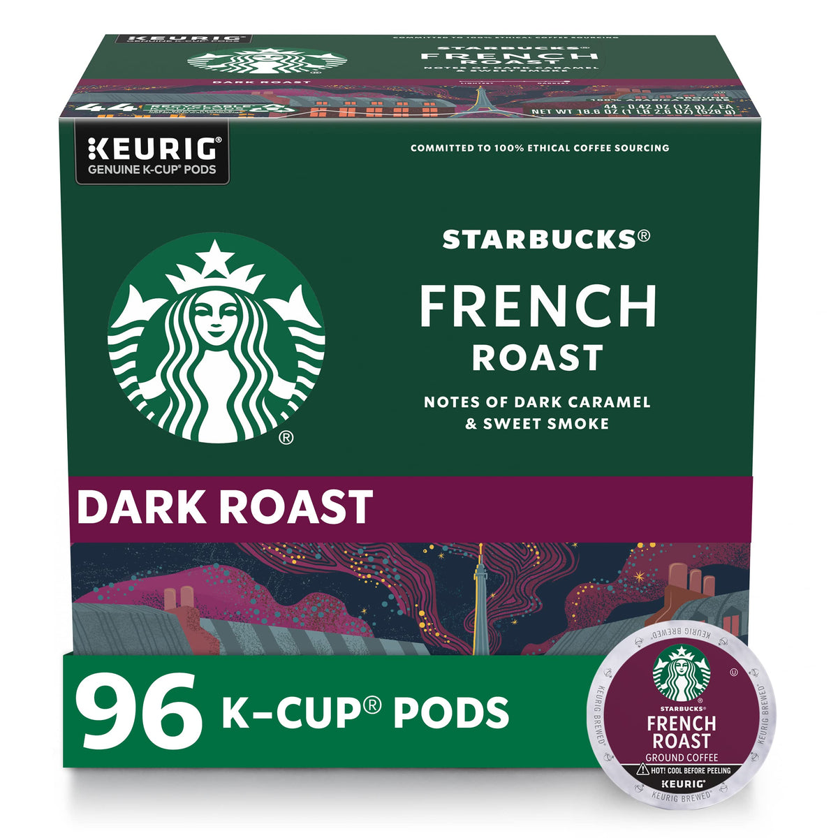 Starbucks K-Cup Coffee Pods, Dark Roast Hot or Iced Coffee, French Roast, 96 Keurig Pods