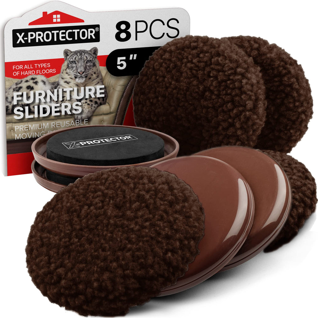 Furniture Sliders X-PROTECTOR - 4+4 Pack 5” - Brown Multi-Surface Furniture Sliders for Carpet & Hard Floors - 4 Furniture Movers for Carpeted Floors and 4 Hardwood Socks - Move Furniture Easily!