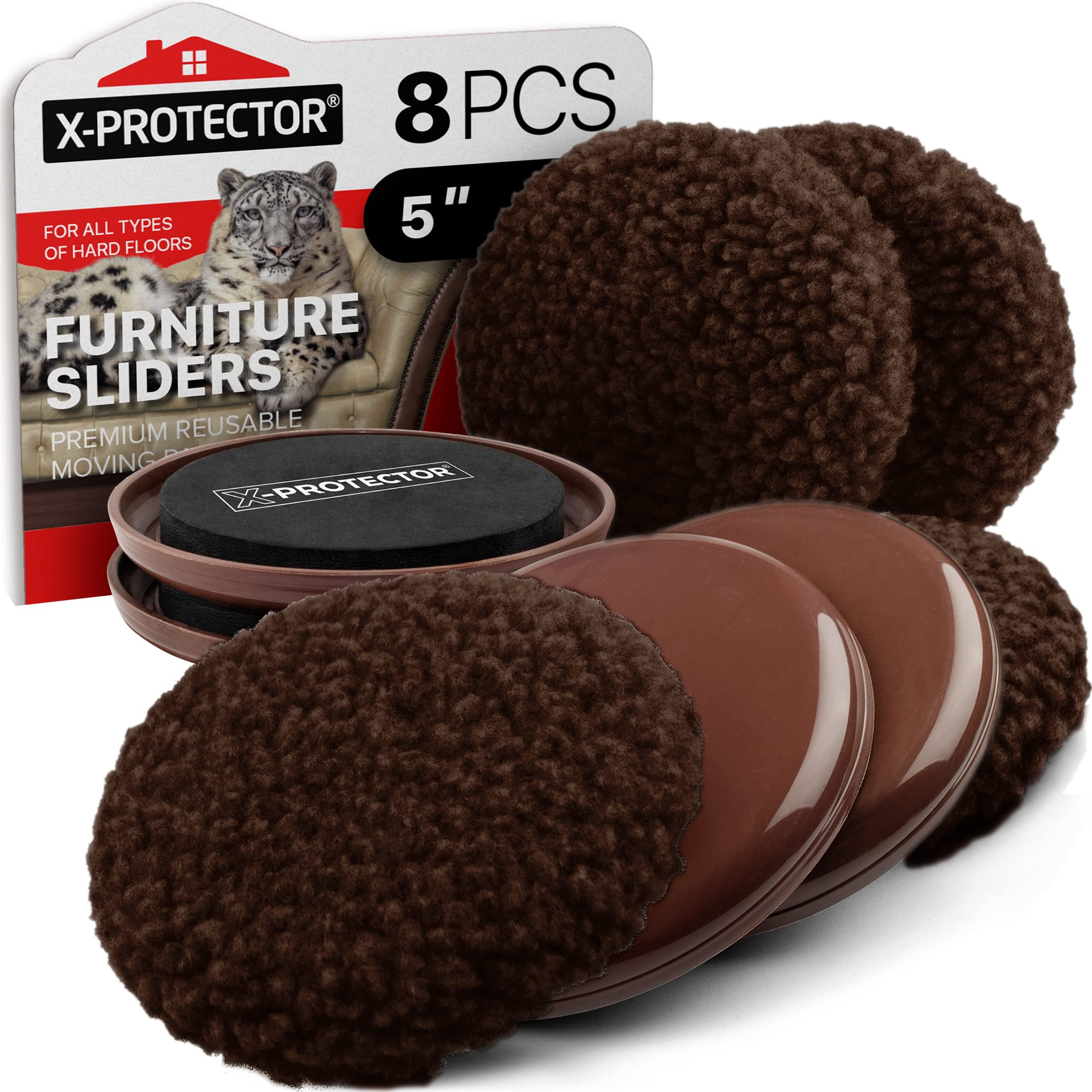 Furniture Sliders X-PROTECTOR - 4+4 Pack 5” - Brown Multi-Surface Furniture Sliders for Carpet & Hard Floors - 4 Furniture Movers for Carpeted Floors and 4 Hardwood Socks - Move Furniture Easily!