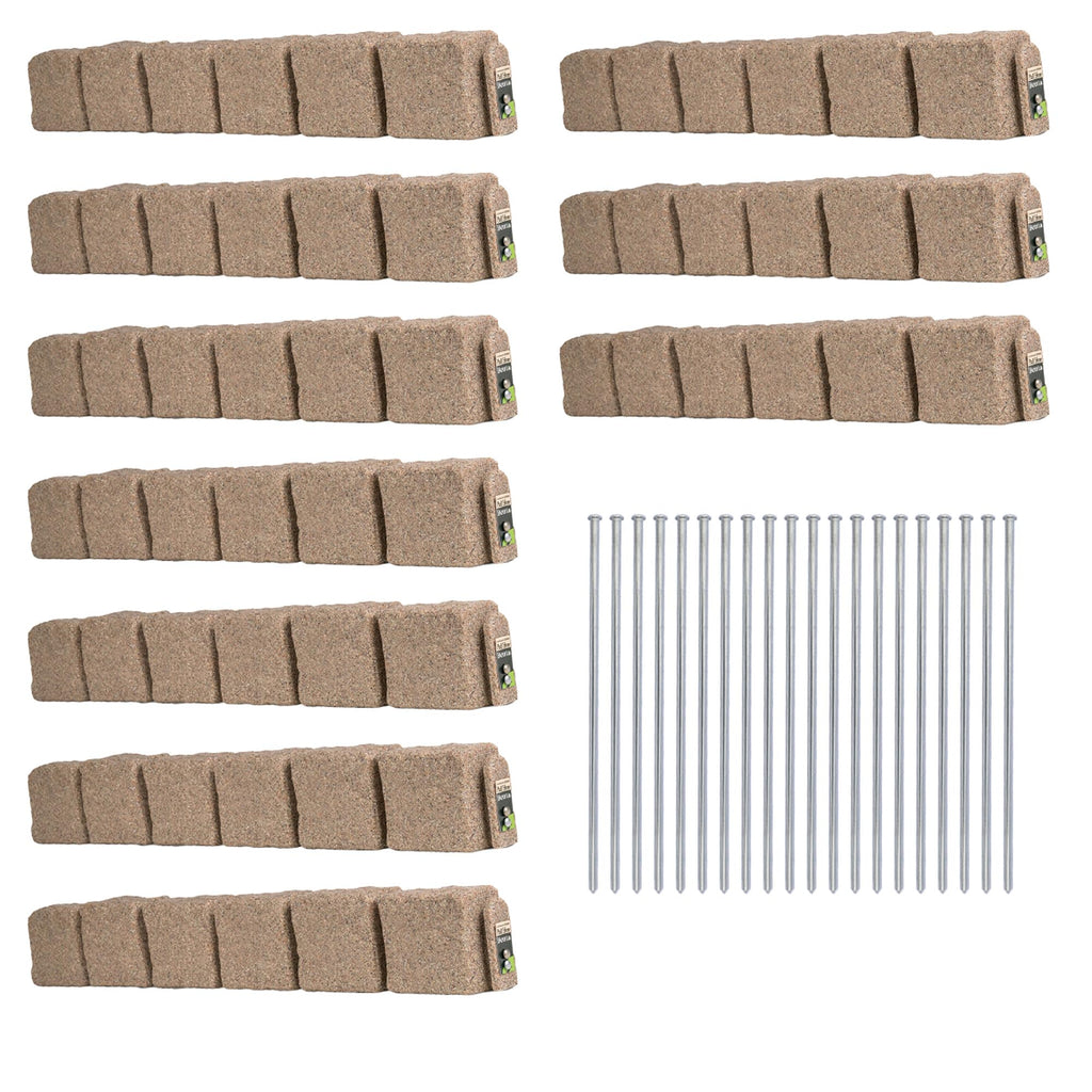 Beuta Landscape Edging | Garden Edging Border | Polyrock Blocks for Lawn Edging, Flower Beds & Yard Edging – 10 Pack | Each Section Has 6 Blocks 48" L x 4" W x 6.5" H | 20 Spikes | Sandstone