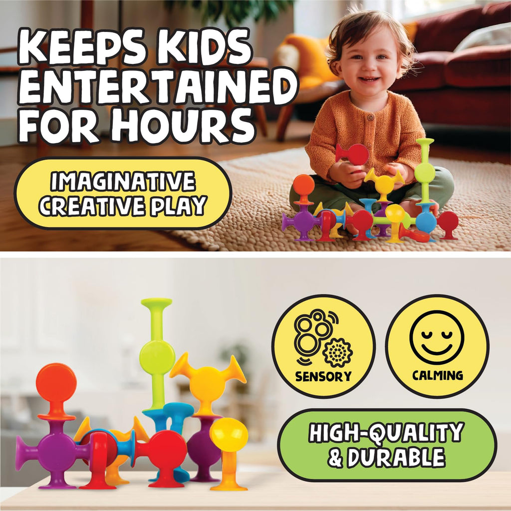 BUNMO Bath Toys Suction - Connect, Build, Create - Toddler Bath Toys - Hours of Fun & Creativity - Fine Motor Skills - Stimulating Sensory Toys - Non-Mouthable Toy 3+ - Smooth 24 Pack
