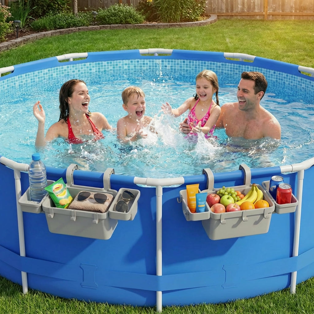 2026 Upgrade Poolside Storage Basket with Cup Holder Poolside Organizer for Pool Toys Towels Beverages Pool Accessories for Most Frame Above Ground Swimming Pools 5 Multifunctional Hooks Grey