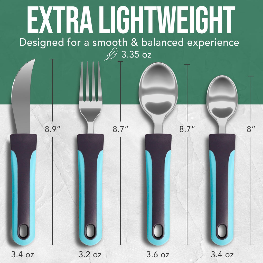 BUNMO Adaptive Utensils for Elderly, Arthritis, Weak Hand Grip, Tremors & Handicapped - Convenient Travel Pouch - 3.35oz Lightweight - Stainless Steel - Eat Independently - Adaptive Blue 4 Piece Set