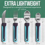 BUNMO Adaptive Utensils for Elderly, Arthritis, Weak Hand Grip, Tremors & Handicapped - Convenient Travel Pouch - 3.35oz Lightweight - Stainless Steel - Eat Independently - Adaptive Blue 4 Piece Set