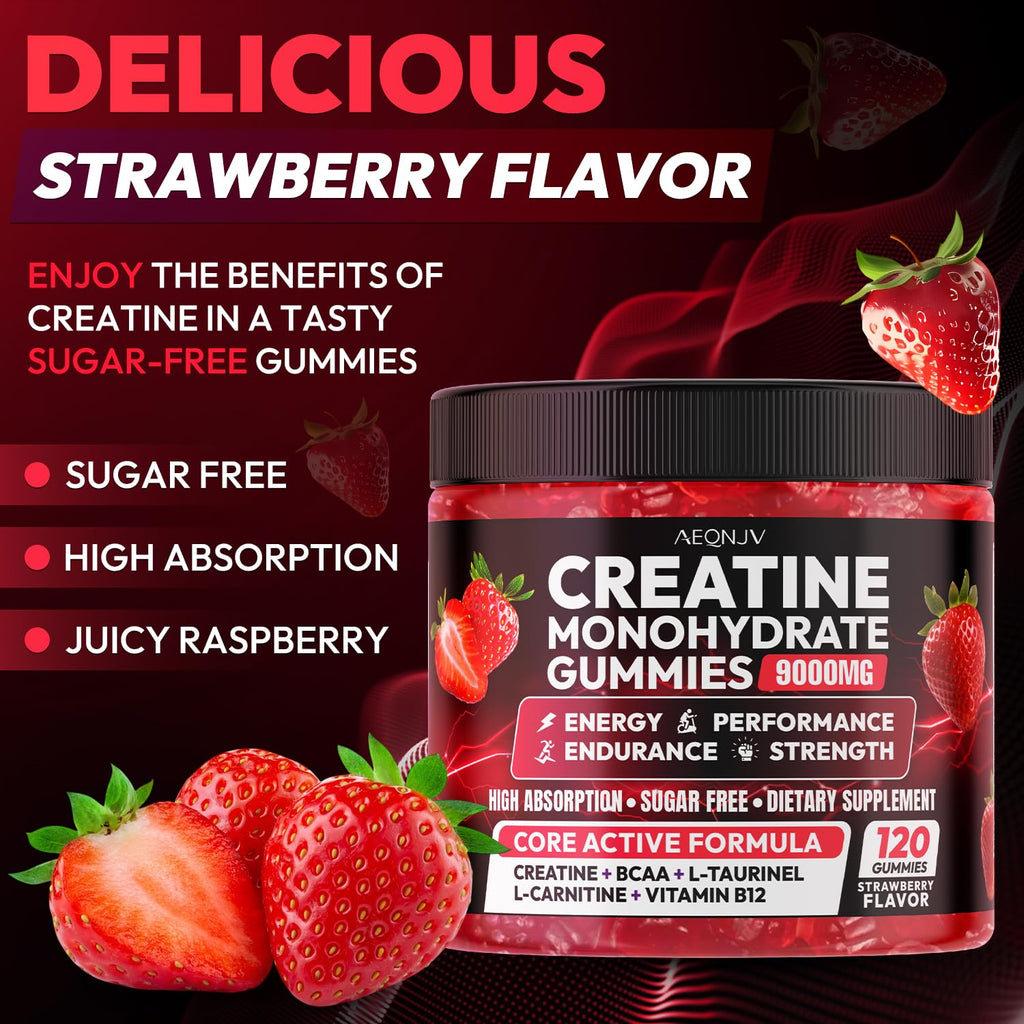AEQNJV Creatine Gummies Monohydrate Complex 9000MG, Chewable Creatine Monohydrate Gummies for Men & Women with L-Taurine, BCAA 2:1, B12/6, Building Muscle Strength and Boost Focus, 30 Days Supply
