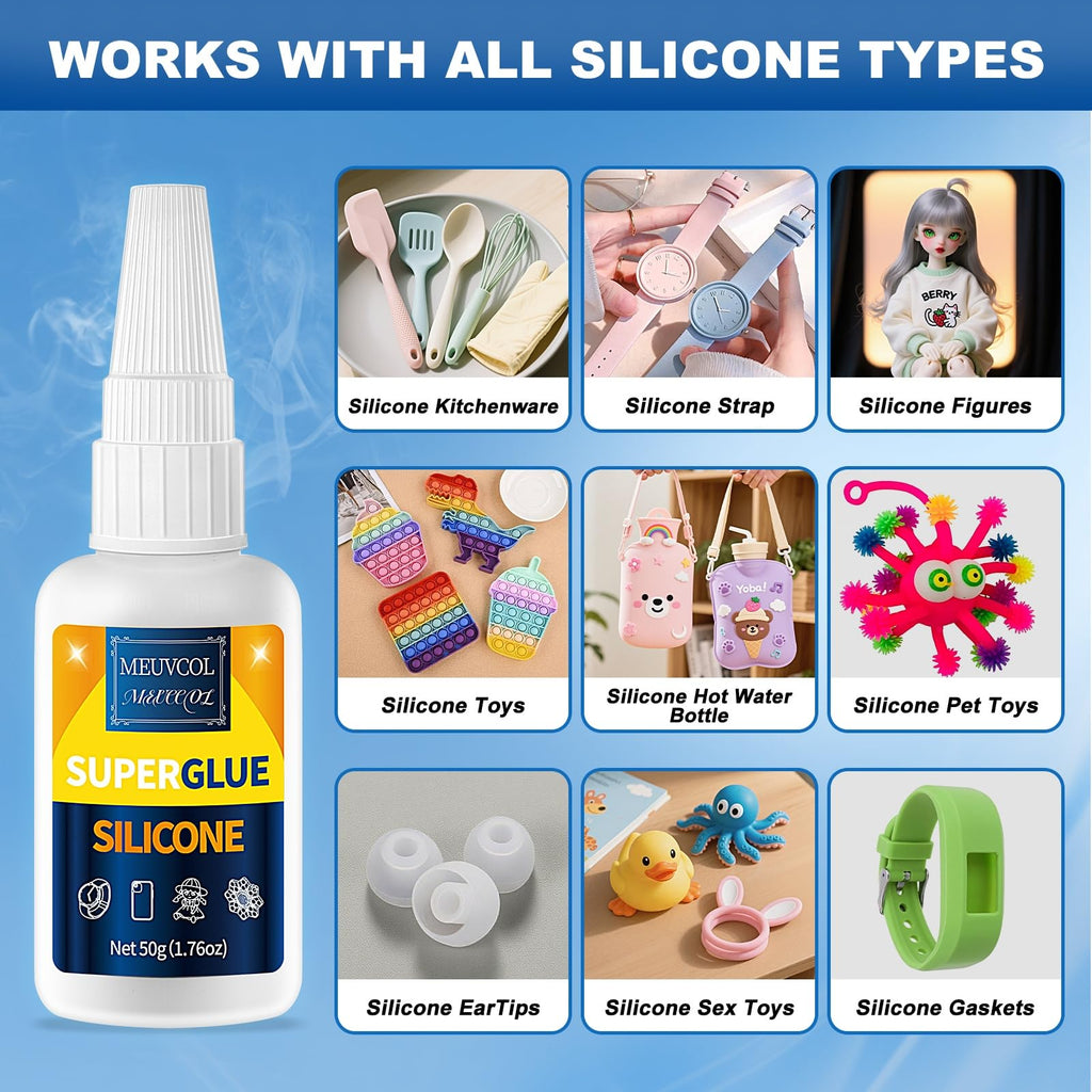 Meuvcol Silicone Glue 100g - Fast-Bonding & Waterproof Silicone Adhesive for Silicon Rubber, Model, Toys, TPU, TPR, TPE - Clear Liquid Silicone Adhesive for Crafts, 6 Applicator Nozzles