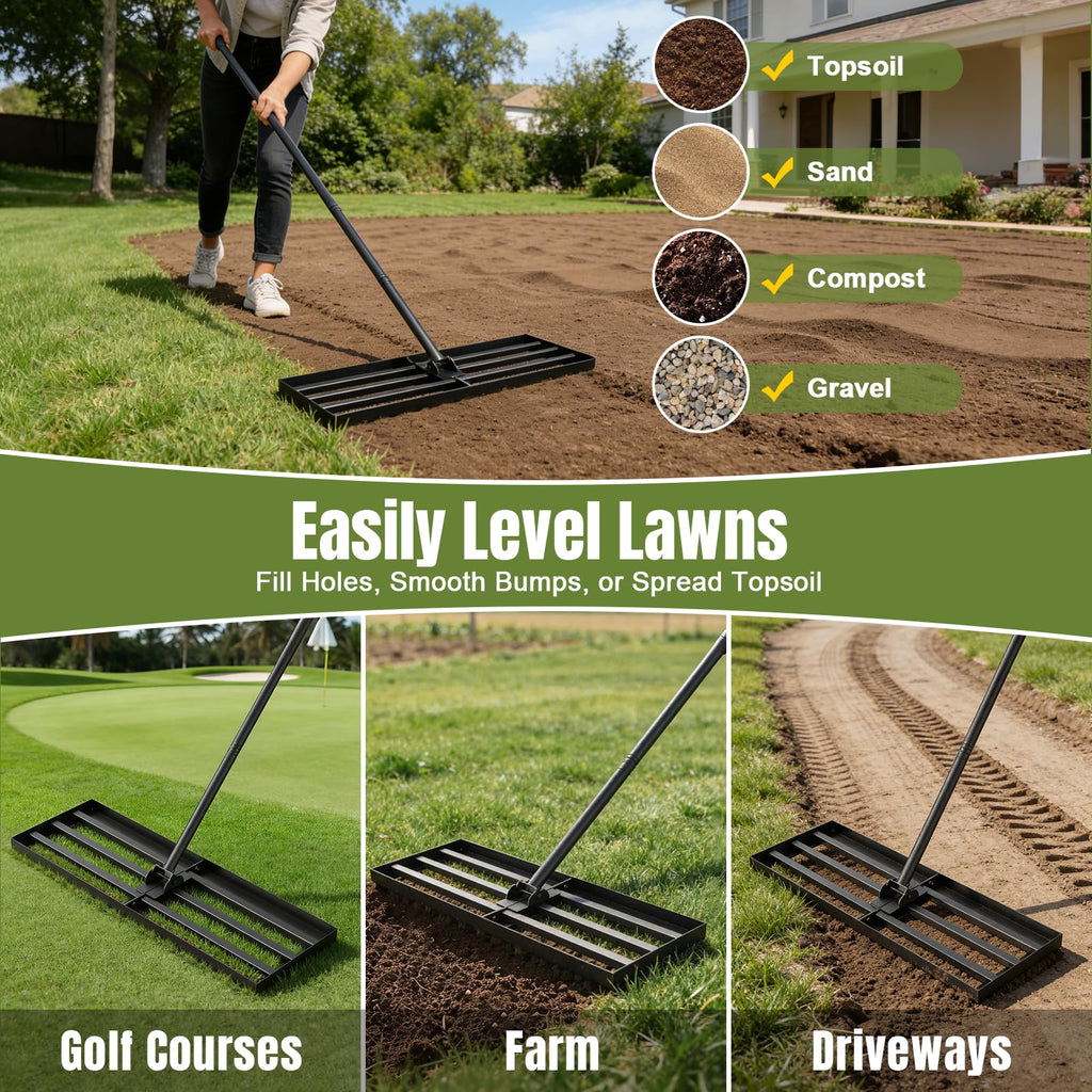 Strifuture Lawn Leveling Rake 30x10 Inch - Adjustable 47-77 Inch Handle, 180° Rotating Head, Heavy-Duty Rust-Resistant Steel for Lawns, Golf Courses, Driveways