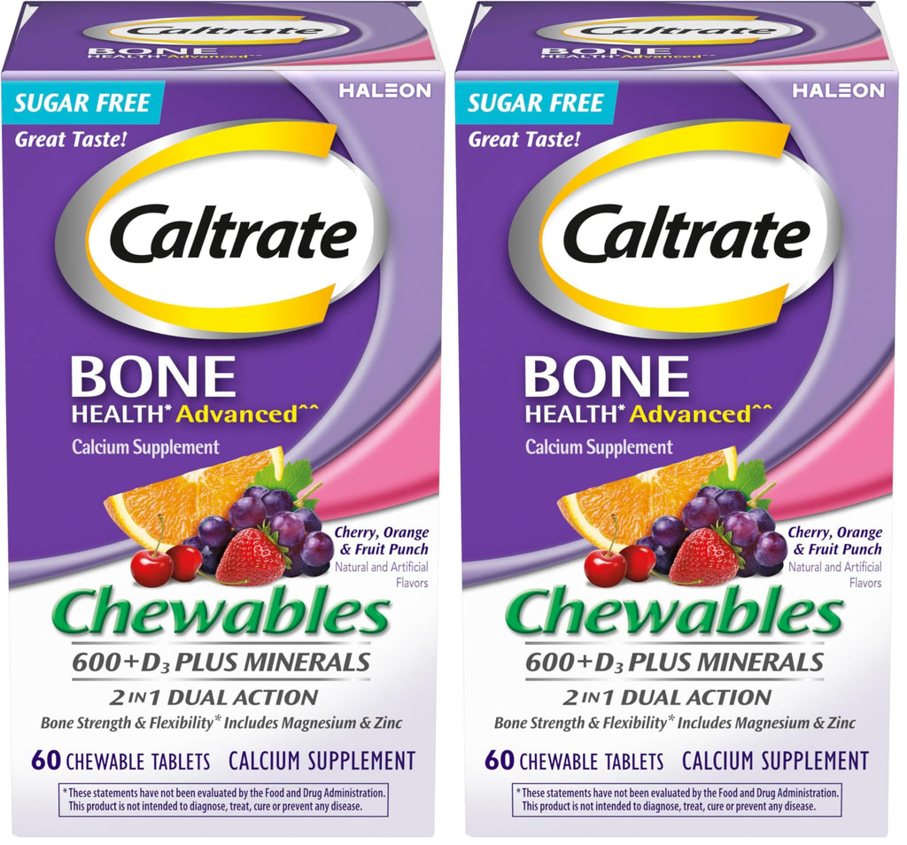 Caltrate Chewables 600 Plus D3 Plus Minerals Calcium Vitamin D Supplement, Cherry, Orange and Fruit Punch - 60 Count (Pack of 2)