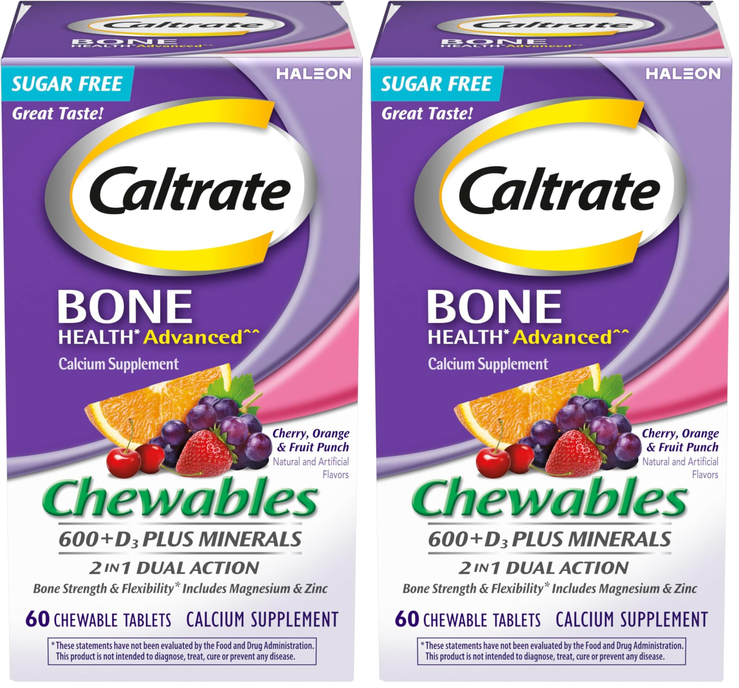 Caltrate Chewables 600 Plus D3 Plus Minerals Calcium Vitamin D Supplement, Cherry, Orange and Fruit Punch - 60 Count (Pack of 2)