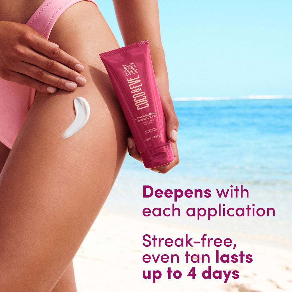 Coco & Eve Sun-kissed Gradual Tanning Lotion - Natural Sunless Moisturizing Tanner with 72H Hydration & Streak-Free, Buildable Glow. Skincare-Infused with Antioxidants and Hyaluronic Acid (6.76 fl oz)