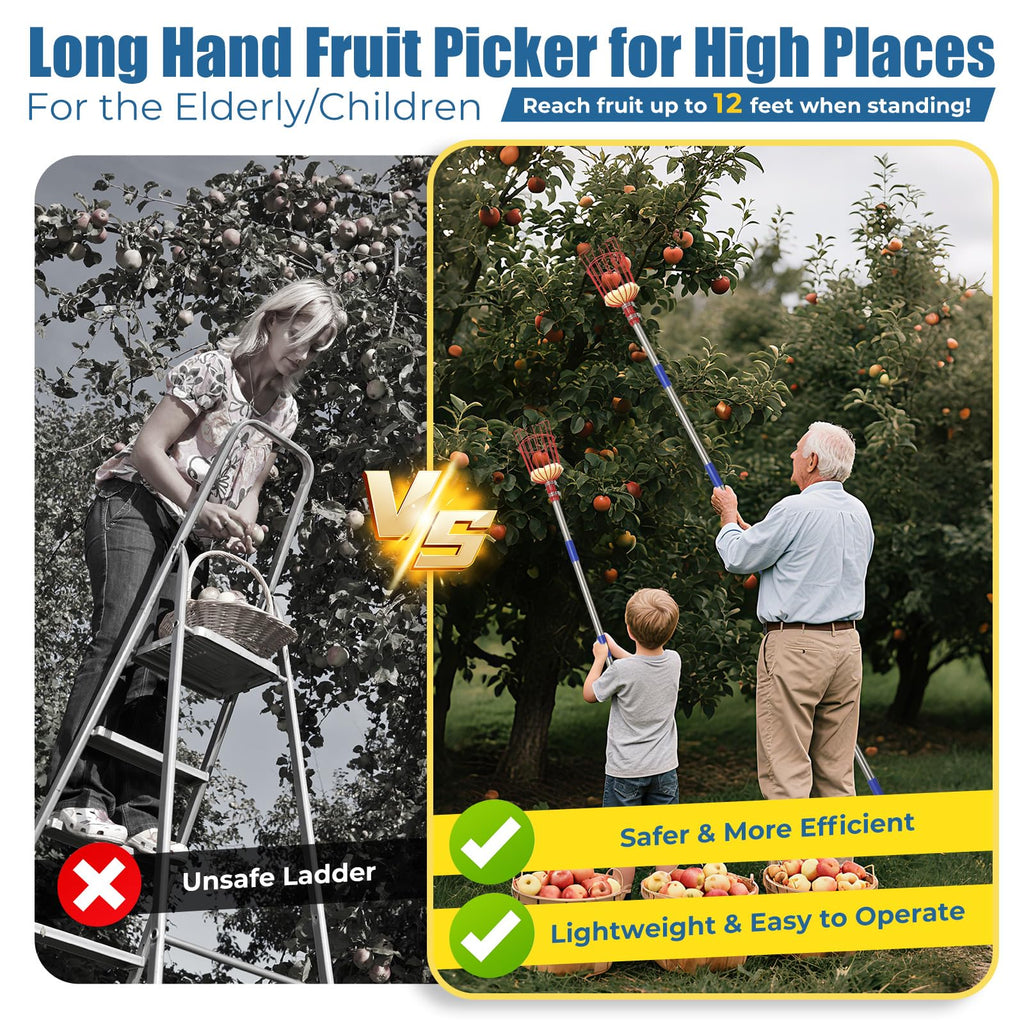 75" Fruit Picker Pole Tool for Long Reach, No Ladder Required, Portable Splicing Tool for Seniors,Kids,Year-Round Use– Effortless Harvesting for Apples, Avocados,Oranges,Grapefruit,Mangoes,Plums,Pear