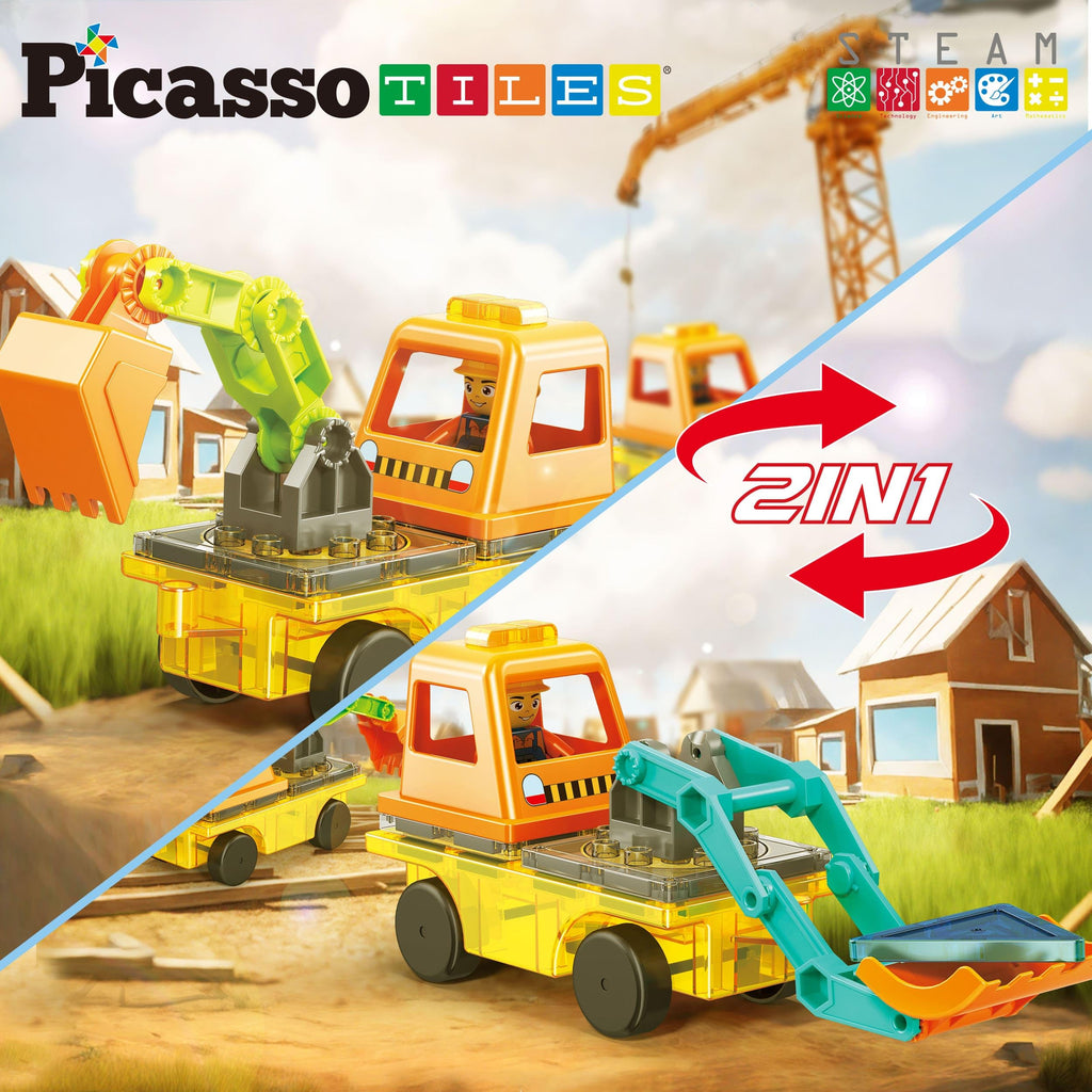 PicassoTiles Magnet Tiles Building Block 2-in-1 Excavator & Backhoe Brick Compatible Construction Playset with Car Base Magnetic Character Action Figure STEM Educational Learning Toy Kit Age 3+ PTU04