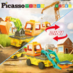 PicassoTiles Magnet Tiles Building Block 2-in-1 Excavator & Backhoe Brick Compatible Construction Playset with Car Base Magnetic Character Action Figure STEM Educational Learning Toy Kit Age 3+ PTU04