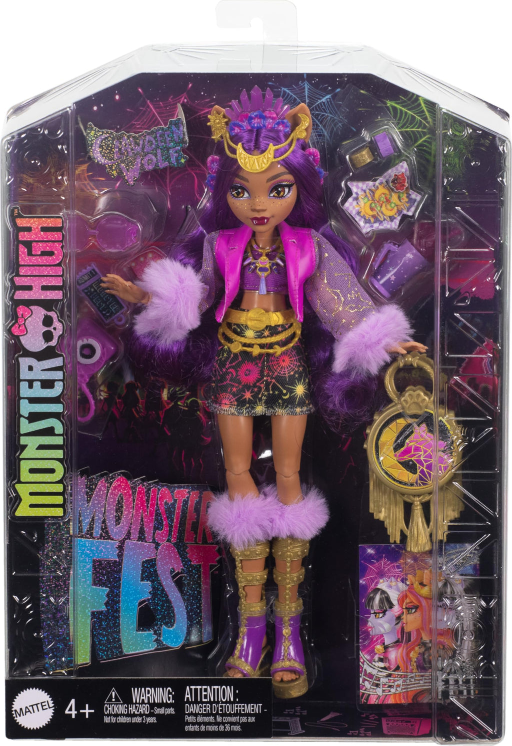 Monster High Monster Fest Doll, Clawdeen Wolf with Glam Outfit & Festival Themed Accessories Like Snacks, Band Poster, Statement Bag & More