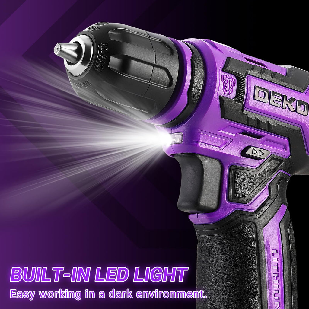 Cordless Drill：DEKOPRO 12V Power Drill Set 800RPM Electric Drills Small Drills with 3/8-inch Keyless Chuck and Portable Tool Set Gift Box (Purple)