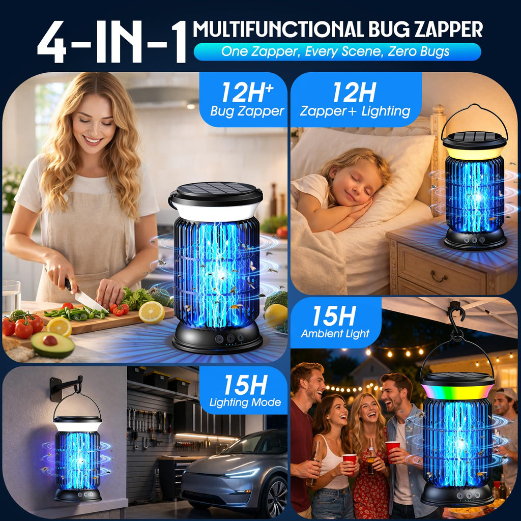 Solar Bug Zapper Outdoor Rechargeable Mosquito Zapper with Cordless Solar Power, Long Runtime Battery, Ip66 Waterproof Portable Fly Zapper for Garden Camping Travel Home