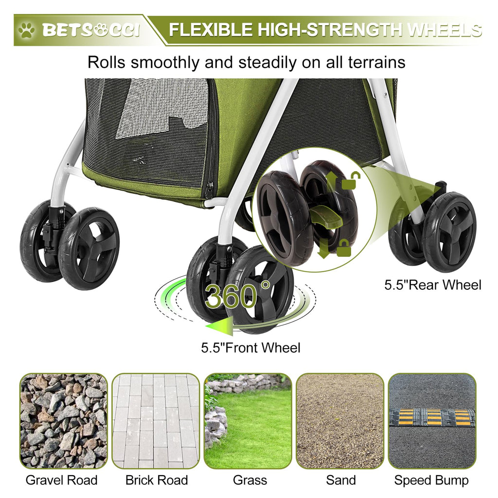 BETSOCCI Double Dog Stroller with 2 Detachable Carrier, Portable Pet Stroller for Small Dogs & Cats Folding Lightweight Puppy Travel Carriage, 4 Wheels, Olive Green