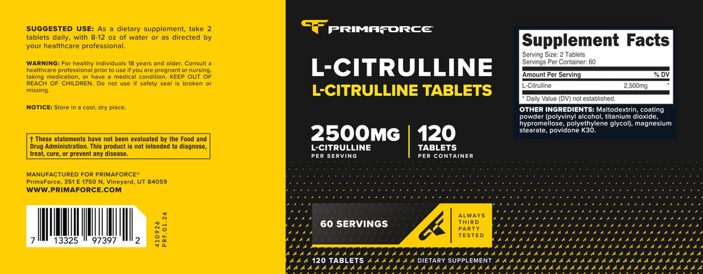 Primaforce L-Citrulline 2500mg per Serving, 60 Servings; 120 Tablets