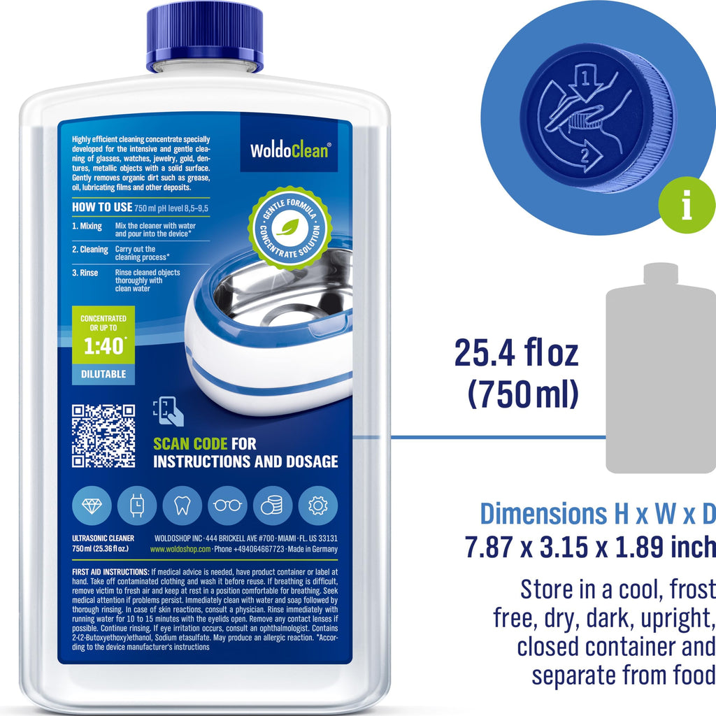 WoldoClean Ultrasonic Cleaner Solution Concentrate - 25.4 Fl Oz Makes 8 Gallons for Eyeglass, Sunglasses, Retainer, Denture, Aligner, Razor and Gun Parts