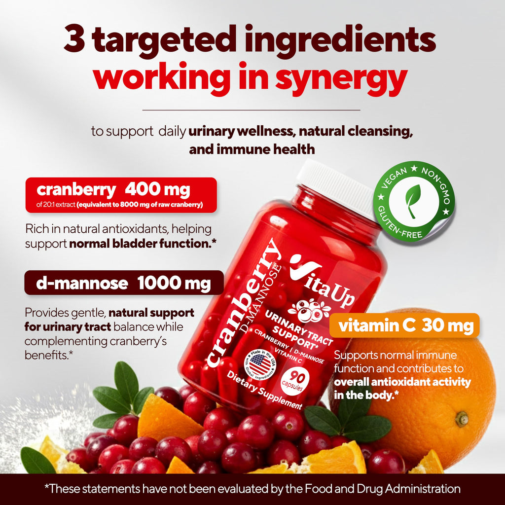 VitaUp D mannose with Cranberry and Vitamin C - USA Made D-mannose 1000mg Capsules - Cranberry Pills for Urinary Tract & Bladder, Immune Support - 90 Count