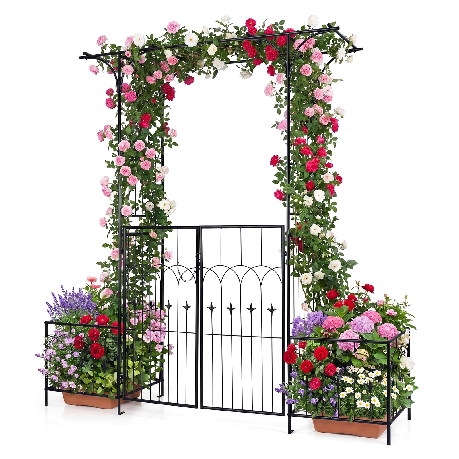 Giantex 81" H Metal Garden Arbor Arch Trellis with Gate and Planter
