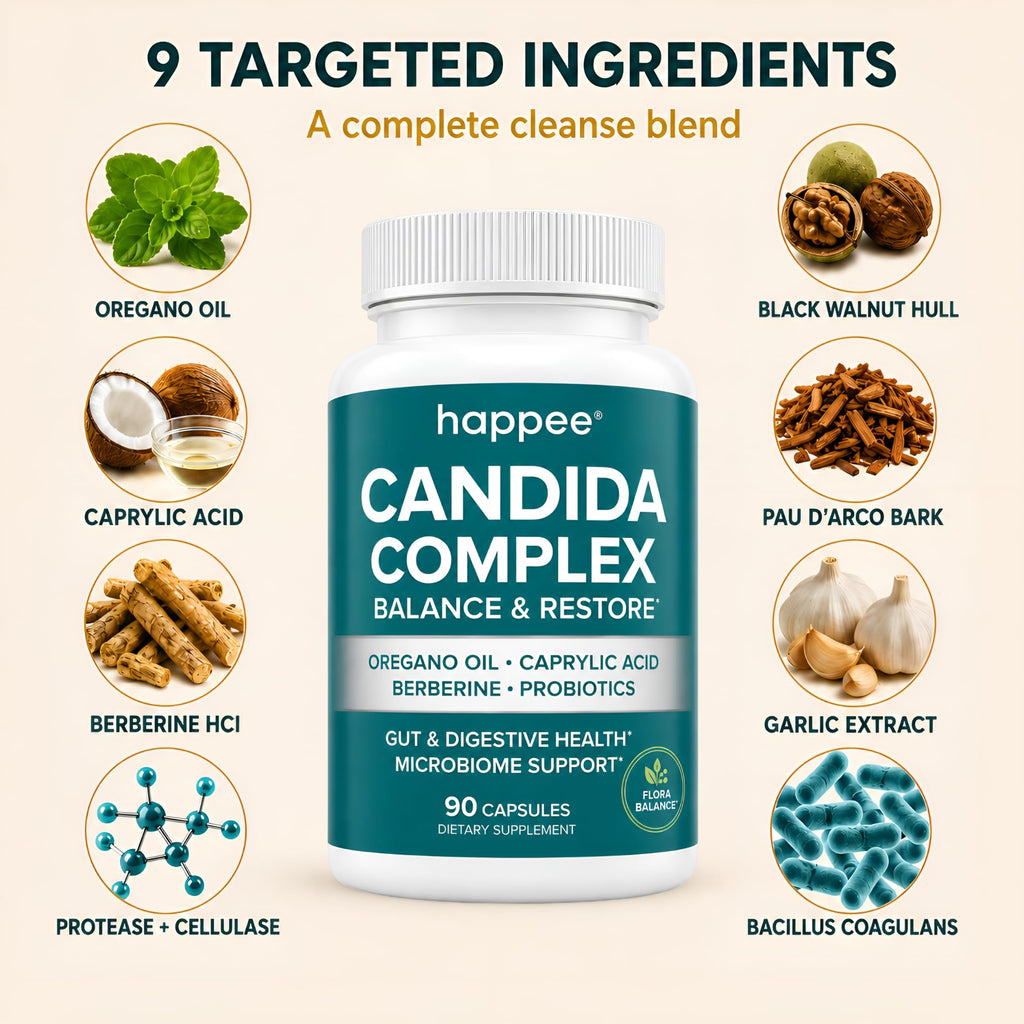 Happee Candida Cleanse Detox Supplement, Gut & Digestive Health, 90 Caps