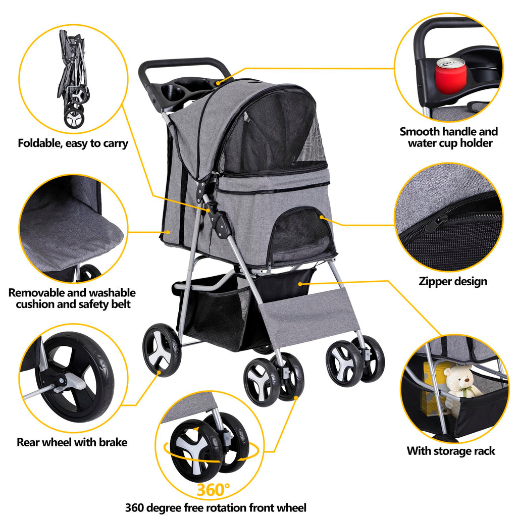 Pet Stroller 4 Wheels Dog Cat Stroller for Small Medium Dog Cats Carrier Jogger Travel Foldable Puppy with Storage Basket and Cup Holder (Grey)