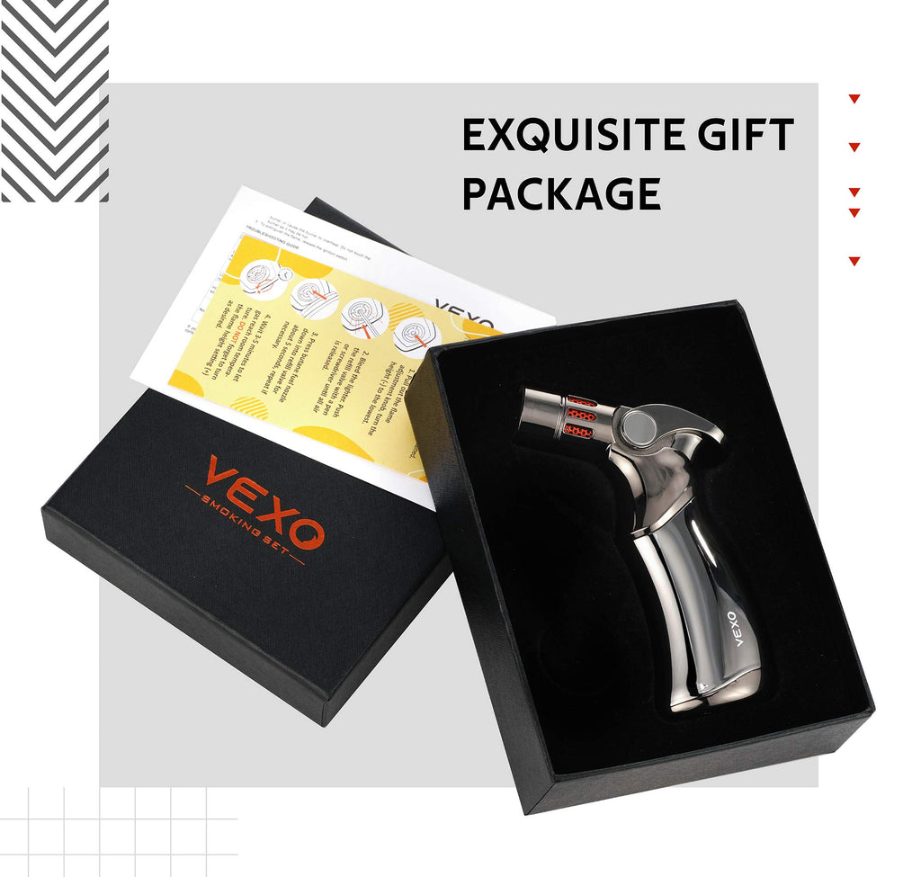 VEXO-Mini4 Torch Lighter Quad 4 Jet Flame Windproof Butane Refill Portable Lighter for Grill BBQ Candle Camping, Gift Idea (Butane NOT Included) (Black)
