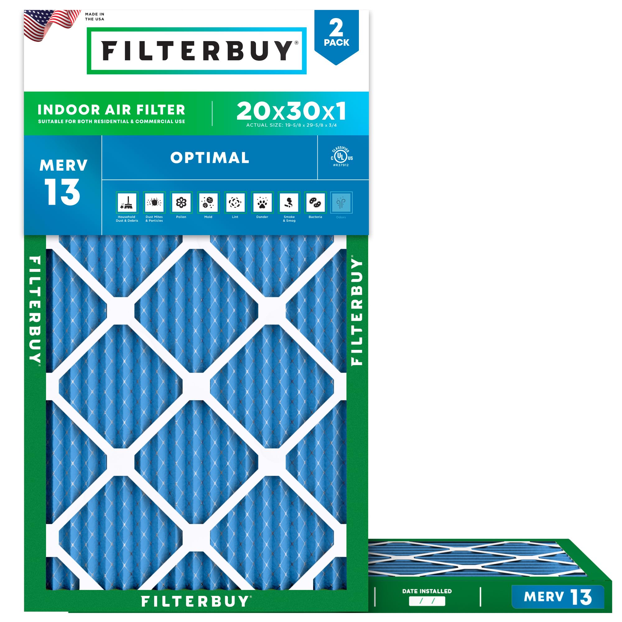 Filterbuy 20x30x1 Air Filter MERV 13 Optimal Smoke & Allergy Defense (2-Pack), Electrostatic Pleated HVAC AC Furnace Filters Replacement, Made in USA (Actual Size: 19.63 x 29.63 x 0.75)