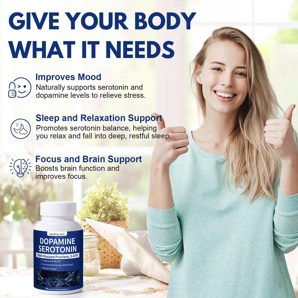 Guanshiya Serotonin and Dopamine Supplements, Dual Neurotransmitter Support with 5-HTP & Mucuna Pruriens for Mood Boost, Focus, Energy & Better Sleep, 90 Capsules