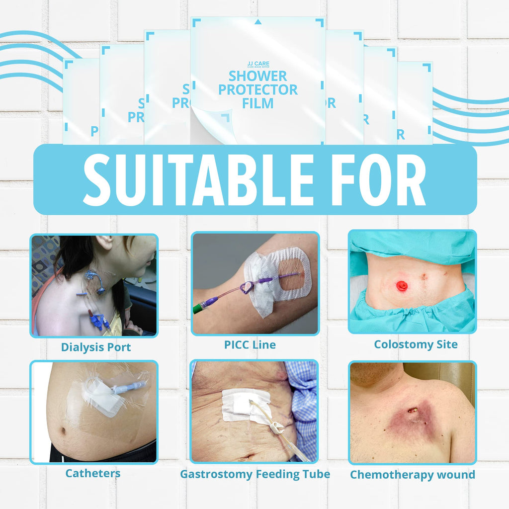 JJ CARE Shower Protector [Pack of 7], 9x9 Dialysis Catheter Shower Shileds Wound Cover, PICC Line Water Barrier, Colostomy Waterproof Bandage Protector, 1 Week Supply
