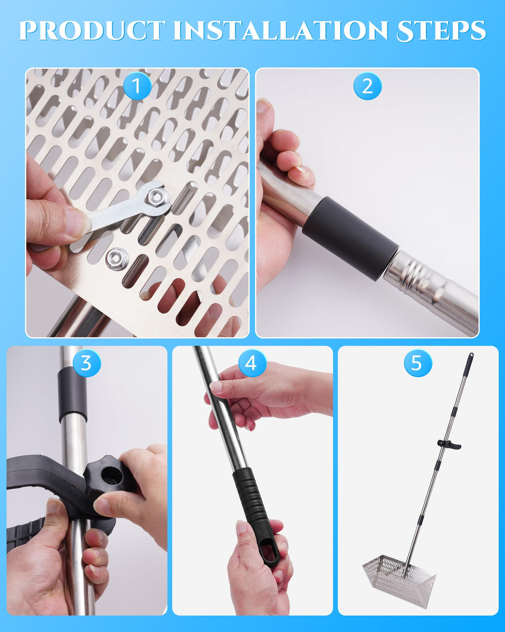 Sand Flea Rake 16" Wide - Detachable 54" Handle with Shark Tooth Screen - Stainless Steel Beach Rake for Fishing Bait, Shelling, Yard Cleaning - Saltwater Rust Proof & Portable