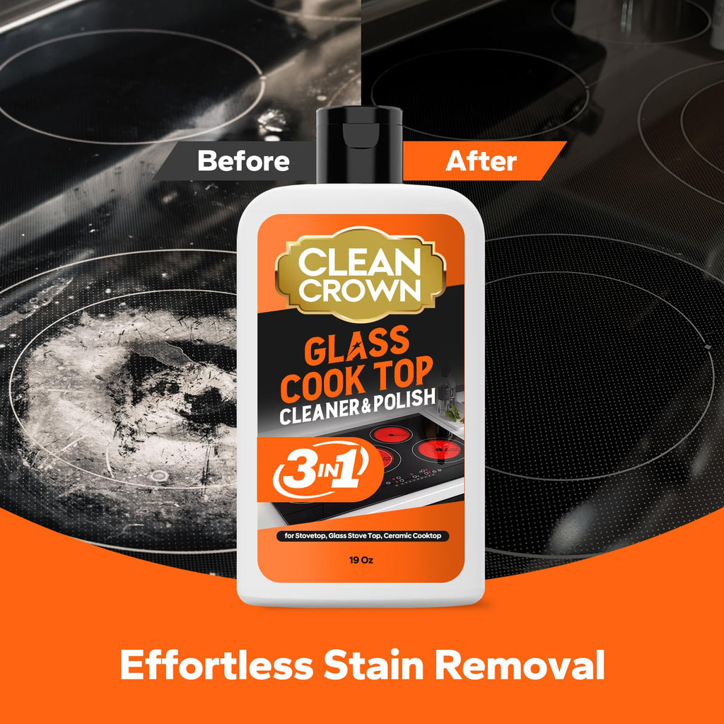 CleanCrown 3-in-1 Cooktop Cleaner Kit (19 Oz Cooktop Cleaner + Scrubbing Pad + Scraper), Stovetop Cleaner for Electric Top Stoves, Ceramic Cooktops & Fireplace Glass, Remove Burned on Food, Grease