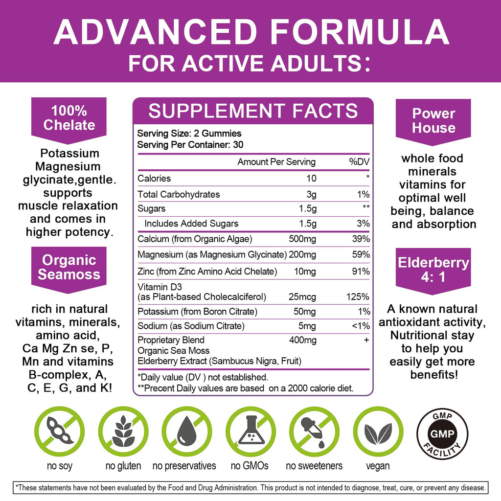 Calcium Magnesium Zinc Gummies with High Absorption Magnesium Glycinate 200mg, Potassium -Plant Calcium Supplement w/ D3 & Sea Moss for Bone, Muscles, Calm Mood & Sleep Support- Kids & adults (3 Pack)