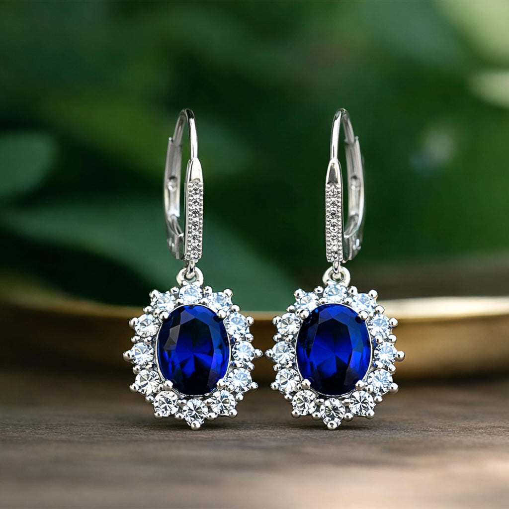 Amy & Annette Blue Sapphire Earrings - 18k White Gold Plated Leverback Drop and Dangle Halo Earring for Women - Great Gift Idea for Every Occasion