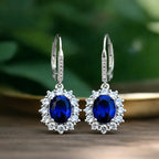 Amy & Annette Blue Sapphire Earrings - 18k White Gold Plated Leverback Drop and Dangle Halo Earring for Women - Great Gift Idea for Every Occasion