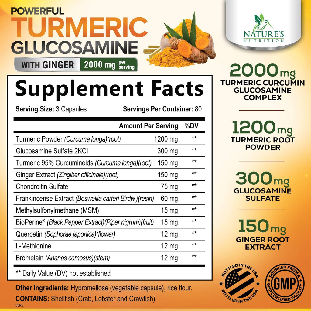 Turmeric Curcumin Supplement 2000mg - 95% Curcuminoids with Glucosamine, Ginger & MSM, BioPerine Black Pepper for Best Absorption, Nature's Vegan Joint Support, Non-GMO, Bottled in USA - 240 Capsules