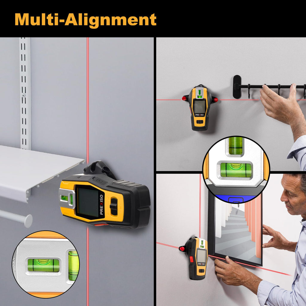 PREXISO 2-in-1 Stud Finder with Laser Level, Rechargeable Multi Surface Cross Line Laser & Wall Stud Scanners Tool for Hanging Frames & Picture, Wood Ac Wire Metal Studs Pipe Detection Gift for Dad