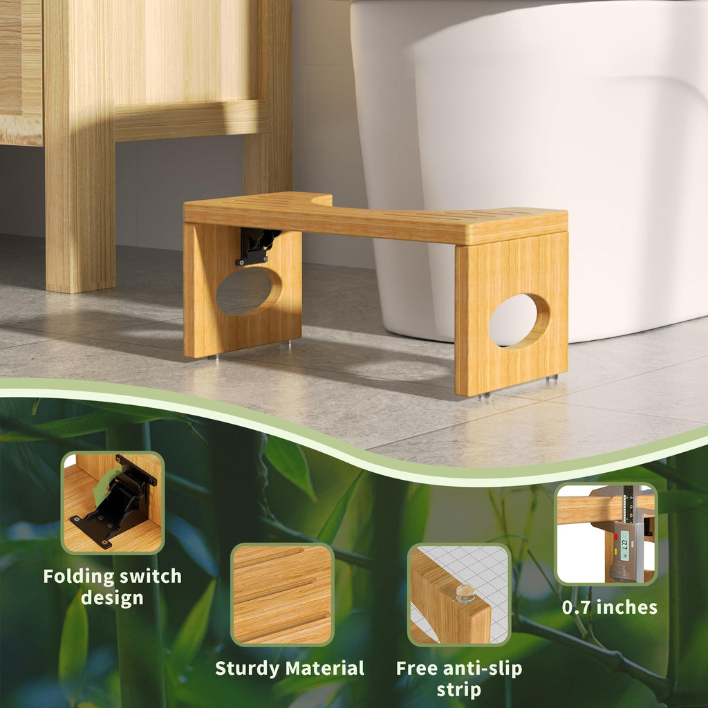ROMGUAR CRAFT 7 Inch Bamboo Toilet Stool, Foldable Poop Stool, Bathroom Step Stool Squat (Natural)