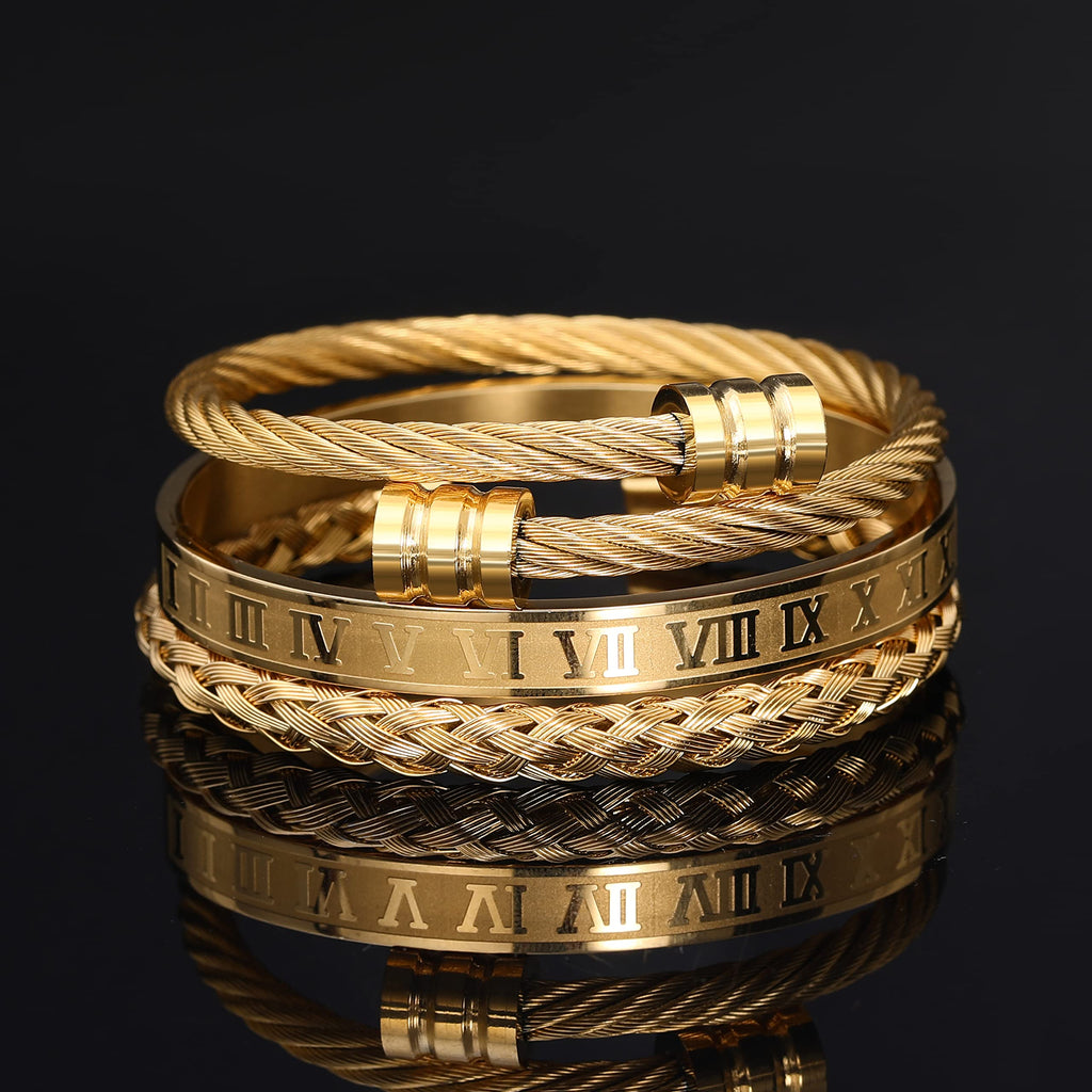 WFYOU 3PCS Stainless Steel Bracelets for Men Gold Roman Numeral Bangle Twisted Cable Adjustable Cuff Bracelet Mens Luxury Jewelry Gifts