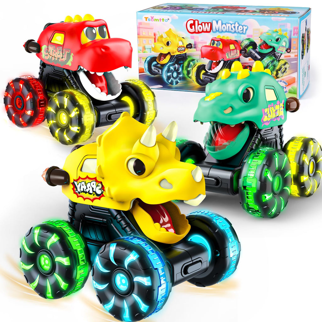 Monster Truck Toys Dinosaur Cars, Press and Go Light Up Cars for Toddlers