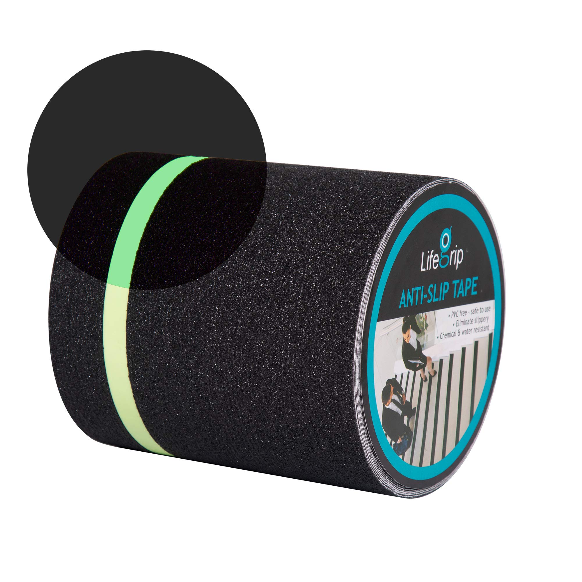 LifeGrip Stay on Track Anti Slip Traction Tape with Glow in Dark Green Stripe, 6 Inch x 33 Foot - Best Grip, Friction, Abrasive Adhesive for Stairs, Tread Step, Indoor, Outdoor, Black (6" x 33')