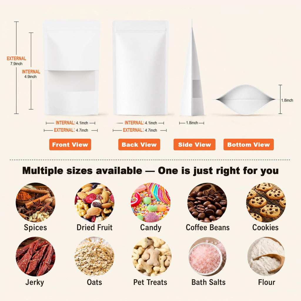 FireKylin 100 Pcs Resealable Bags, Paper Stand Up Pouches Bags with Matte Window for Small Businness, Zipper & Heat Sealable Treat Bags for Packaging(Inner Size 4.1" x 4.9"; Outer Size 4.7" x 7.9")