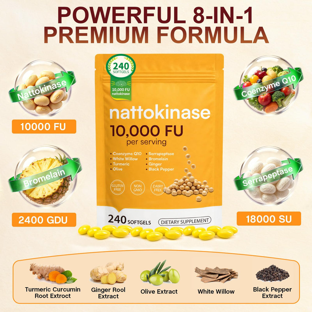 AIQIUSHA Nattokinase 10,000 FU with Serrapeptase, Bromelain & CoQ10, Triple Enzyme Complex from Fermented Soy Extract, Herbal Blend with Turmeric & Olive Leaf, Enteric Softgels, Non-GMO, 240 Count