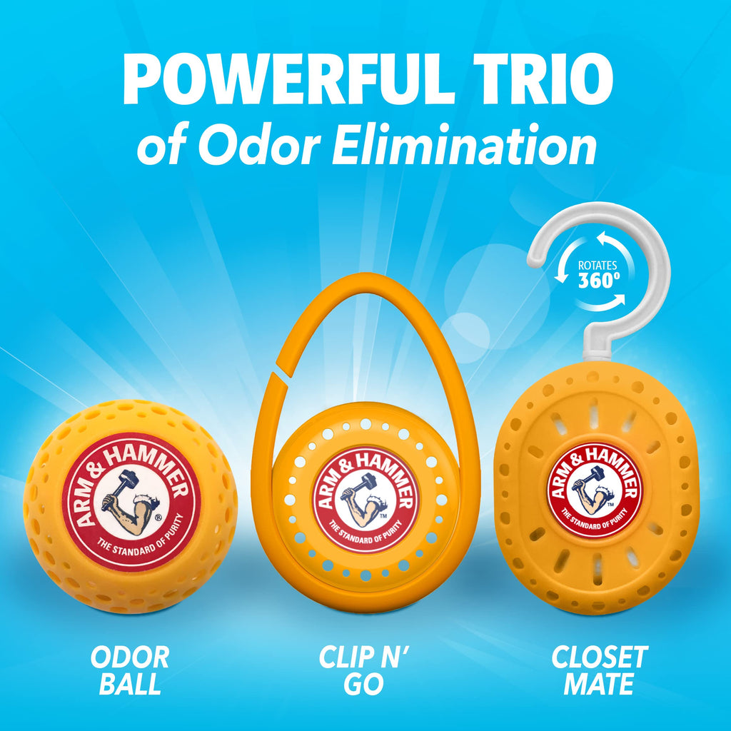 Arm and Hammer Odor Busterz Deodorizer Balls Mixed Pack: 4 odor eliminating balls, 2 with handy clips, 2 with hangers, 8 total for closets, bathrooms, work & sports gear, laundry hamper (8 Count)