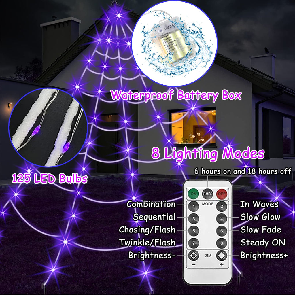 Spider Web Halloween Decorations Outdoor Lights, 125 Purple LED Light Up 16.4Ft Giant Spiderweb & 60" Large Spider & 22 Small Spiders & 20g Stretch Cobweb, 8 Modes Lighted Decor for Yard Outside